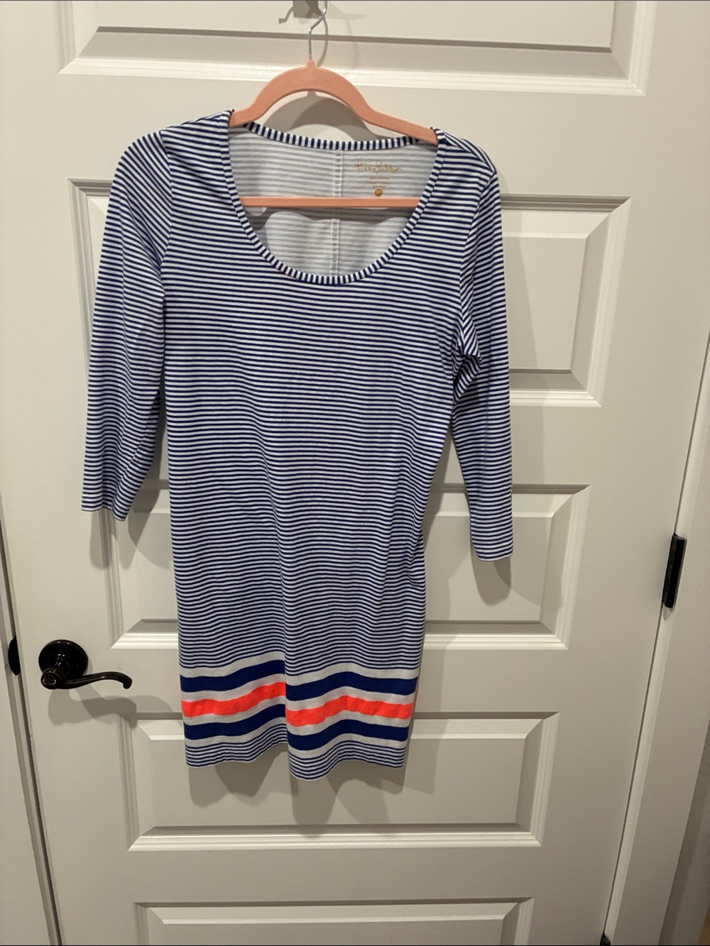 Lilly Pulitzer Navy and White Striped Scoop-Neck Dress with Coral & Royal Bands